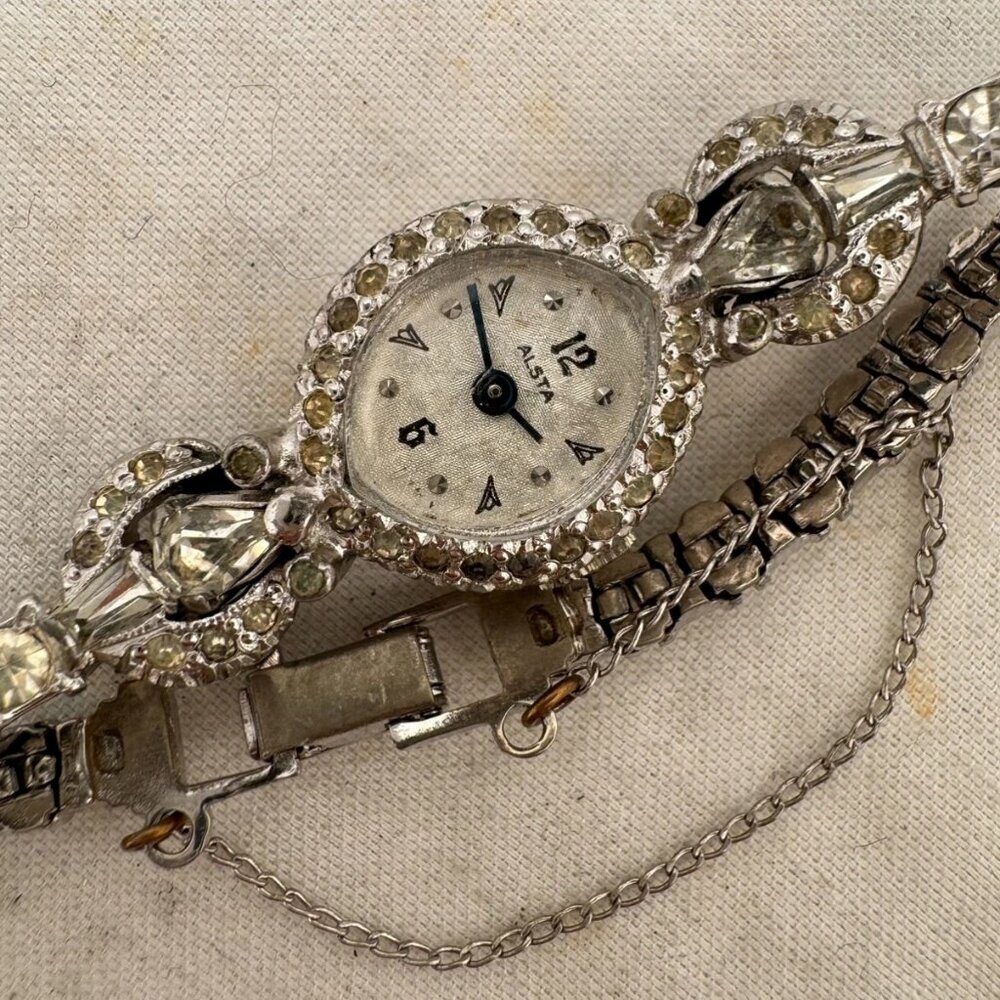 Vintage 15.2mm Alsta Ladies Mechanical Wristwatch w Rhinestones for Repair